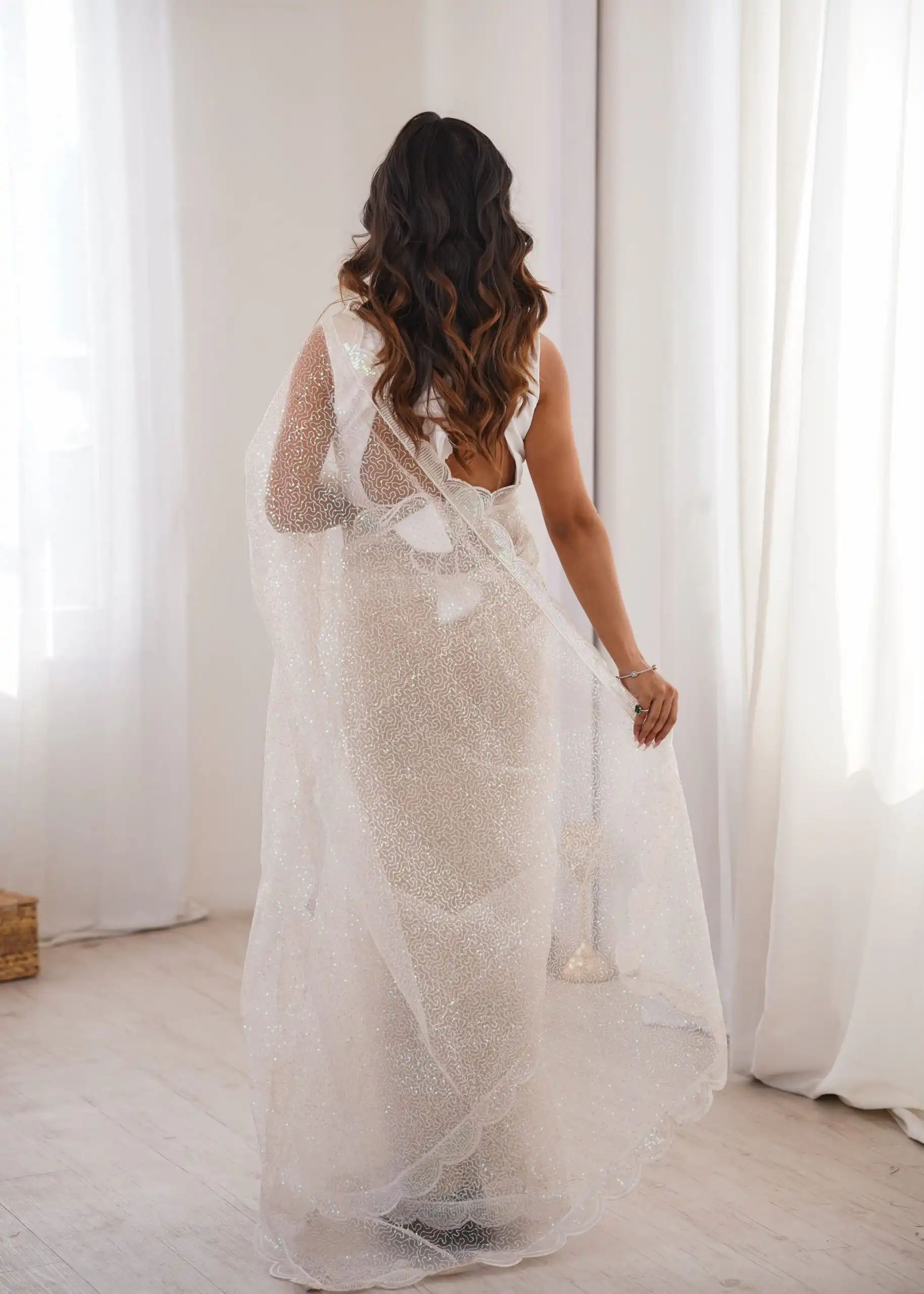 Shiny White Soft Net Sequins Work Saree - Image 7