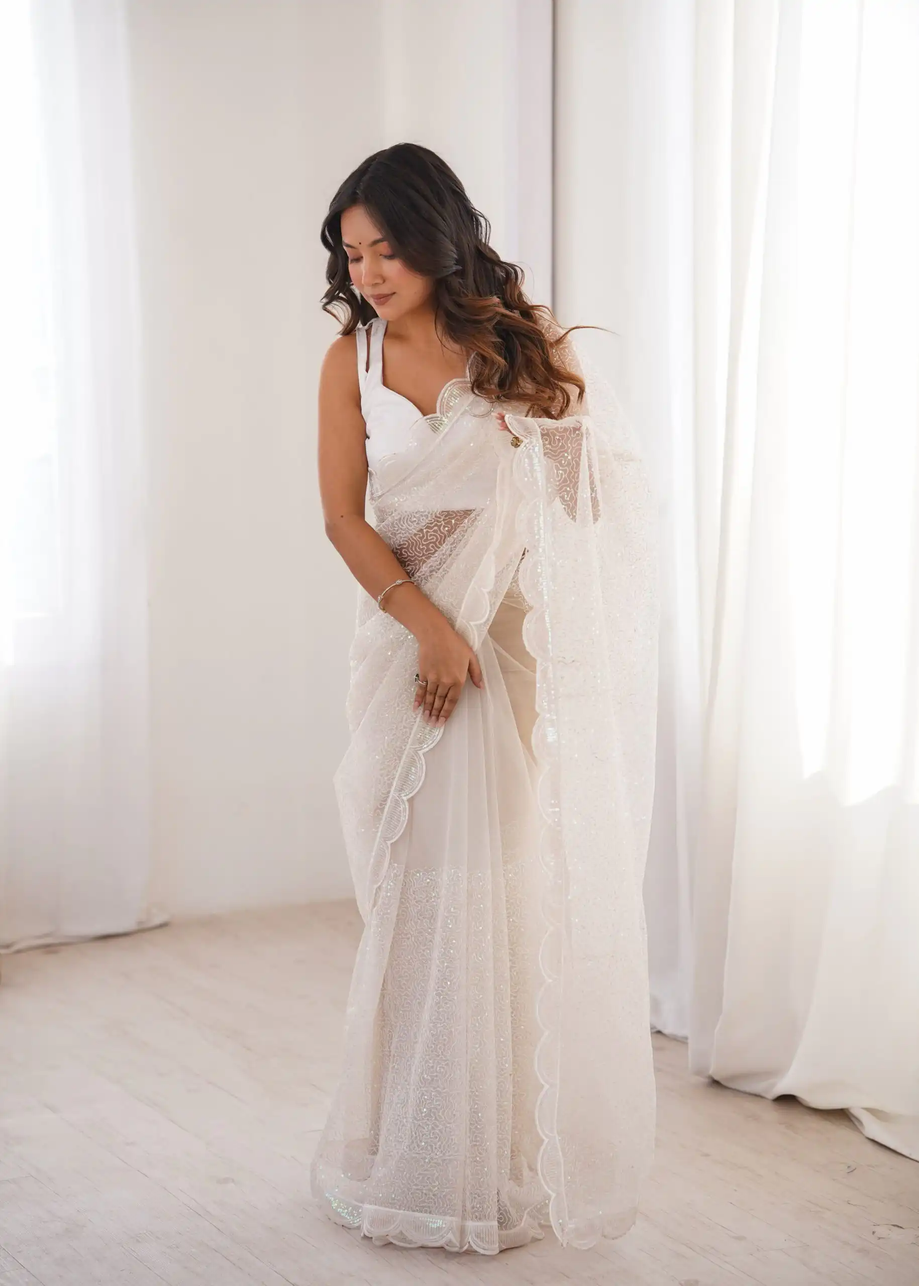 Shiny White Soft Net Sequins Work Saree - Image 6