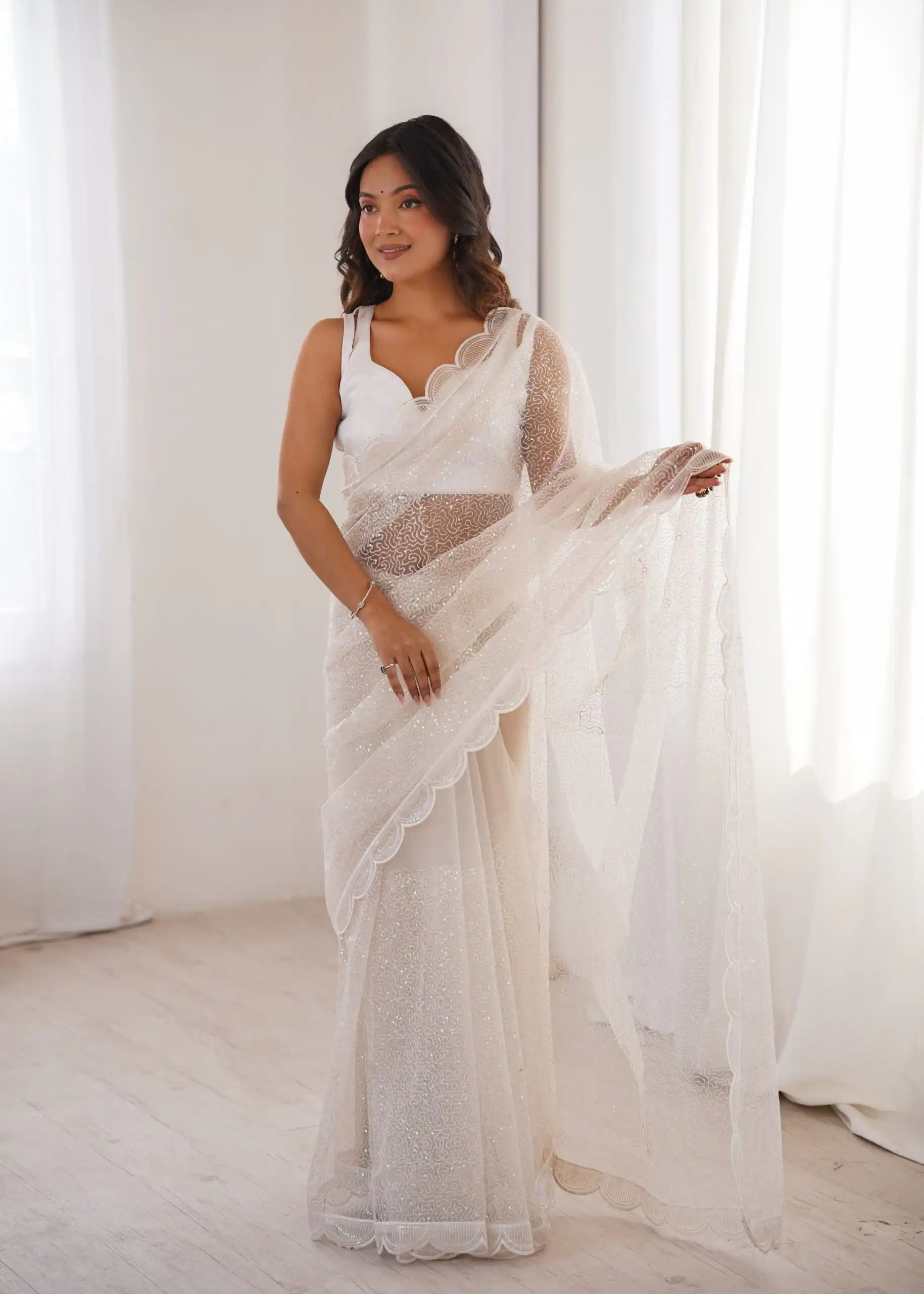 Shiny White Soft Net Sequins Work Saree - Image 4