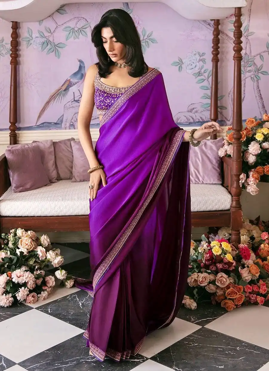 Spacial Purple Japan Satin Silk Sequins Work Saree