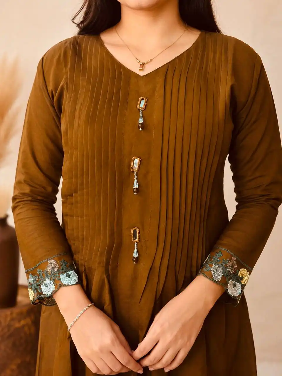 Special Brown Mal Chanderi Hand Work Salwar Suit - Image 2