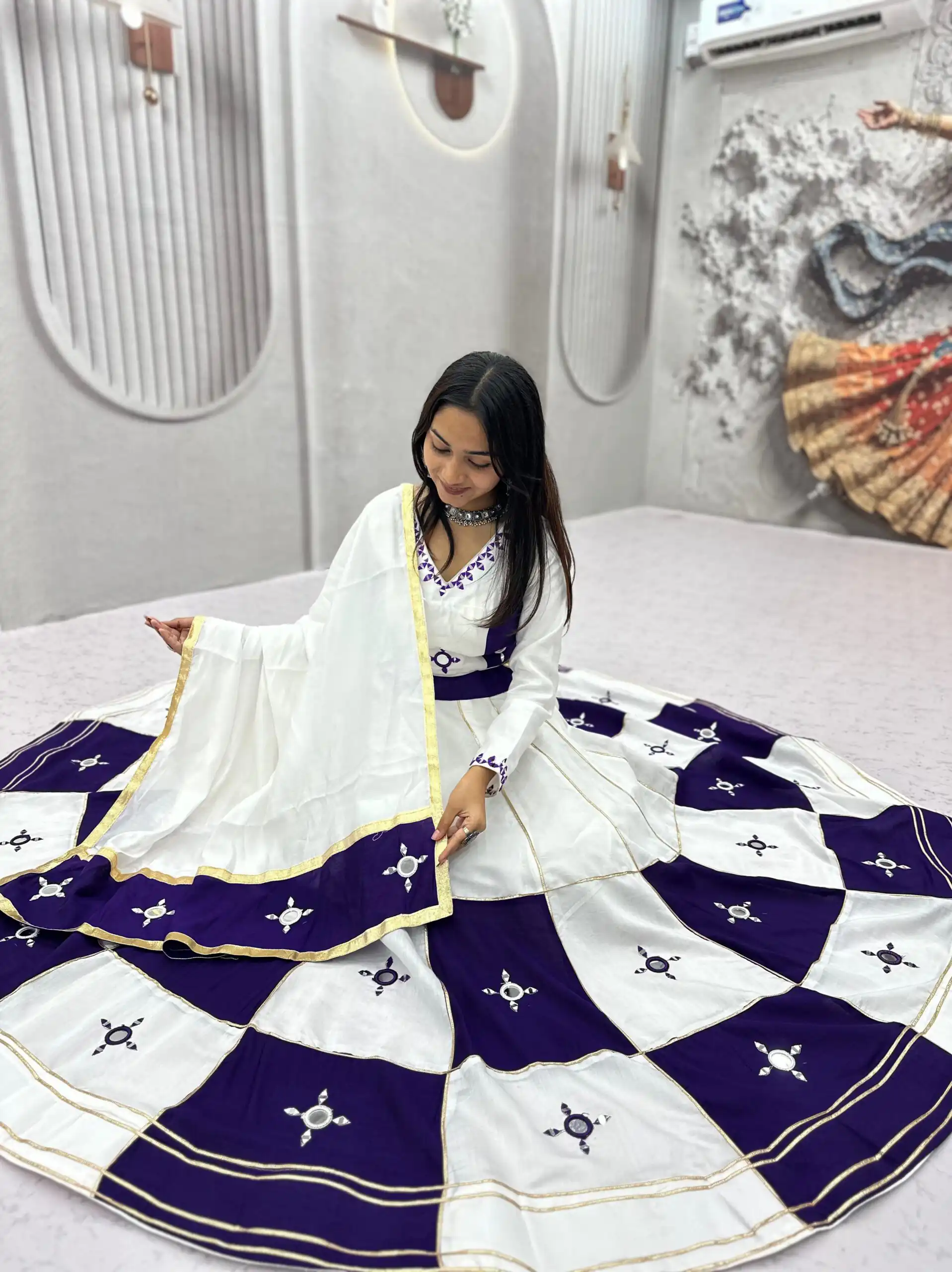 Super Blue Cotton Hand Mirror Work Lehenga Choli - Image 2