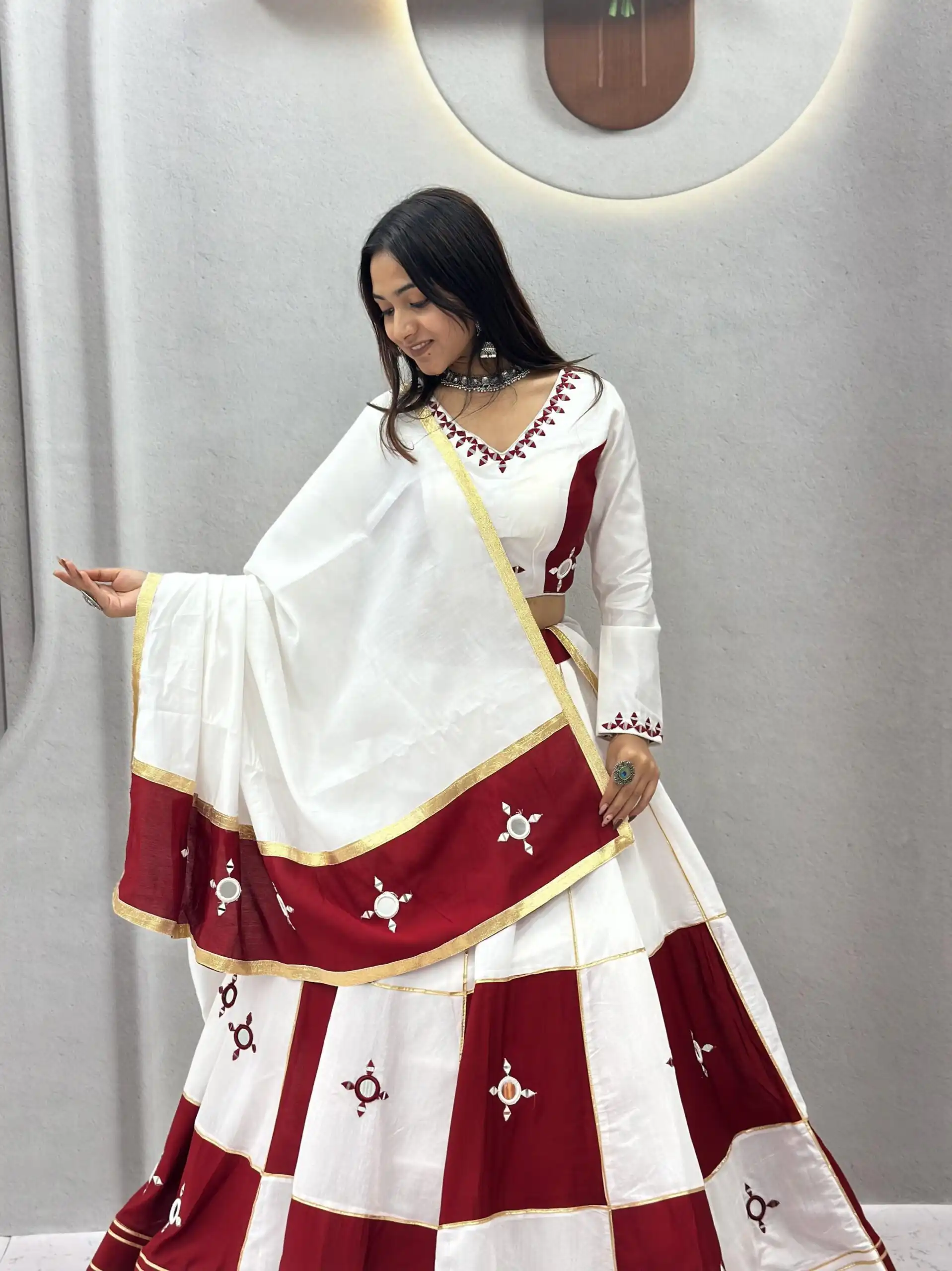 Super Maroon Cotton Hand Mirror Work Lehenga Choli - Image 4