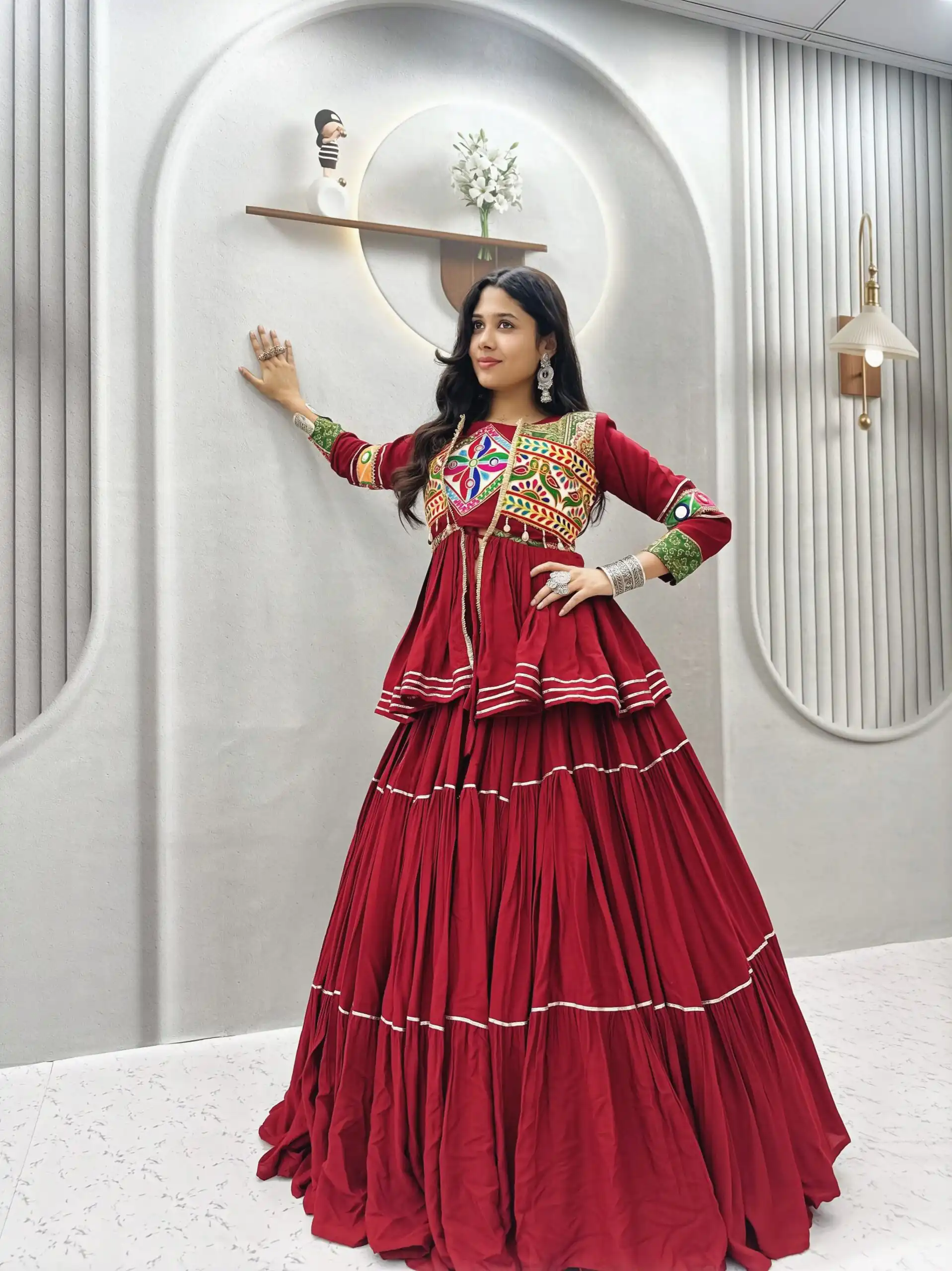 Super Maroon Cotton Mirror Gamthi Work Lehenga Choli - Image 2