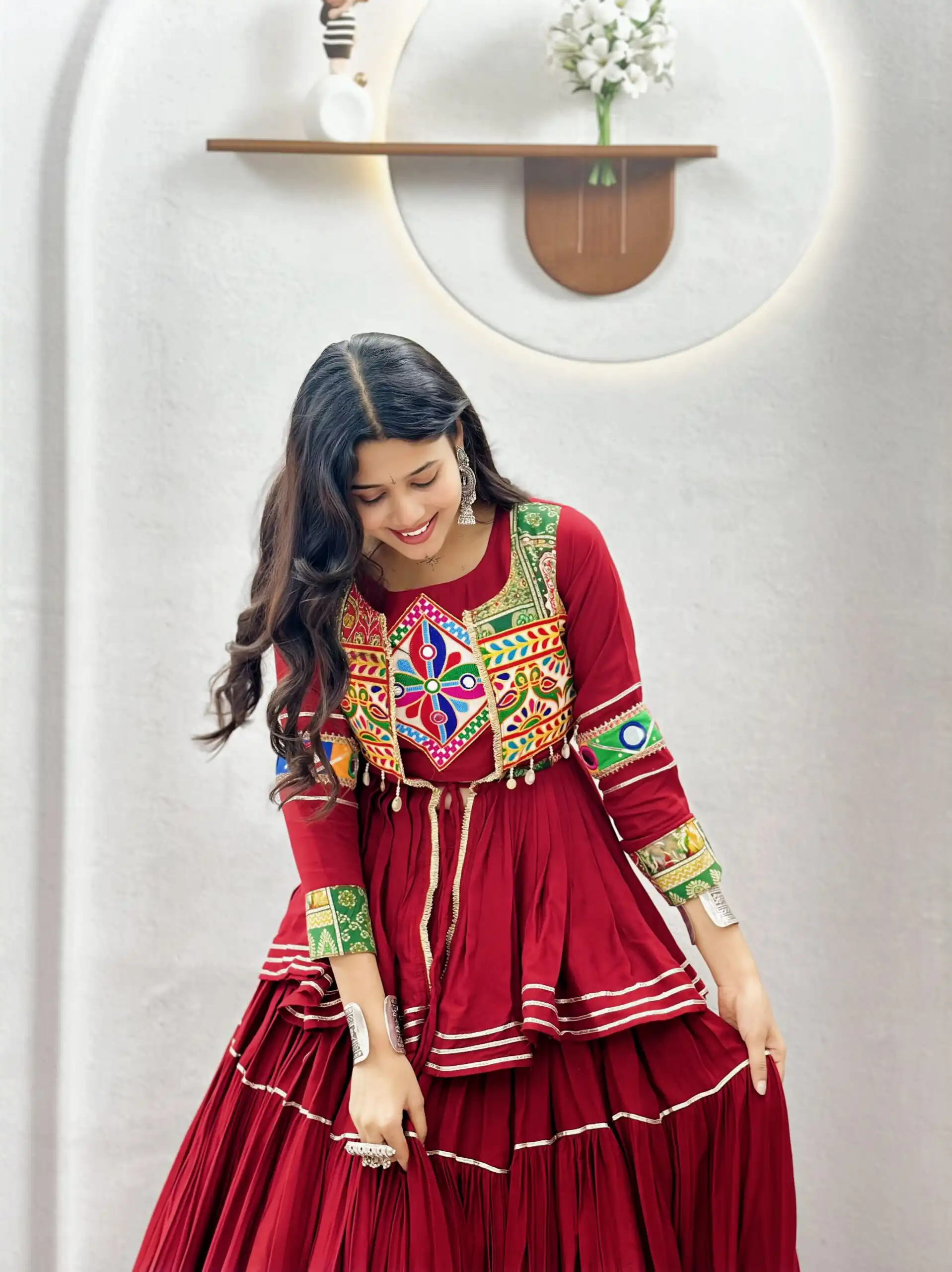Super Maroon Cotton Mirror Gamthi Work Lehenga Choli - Image 5