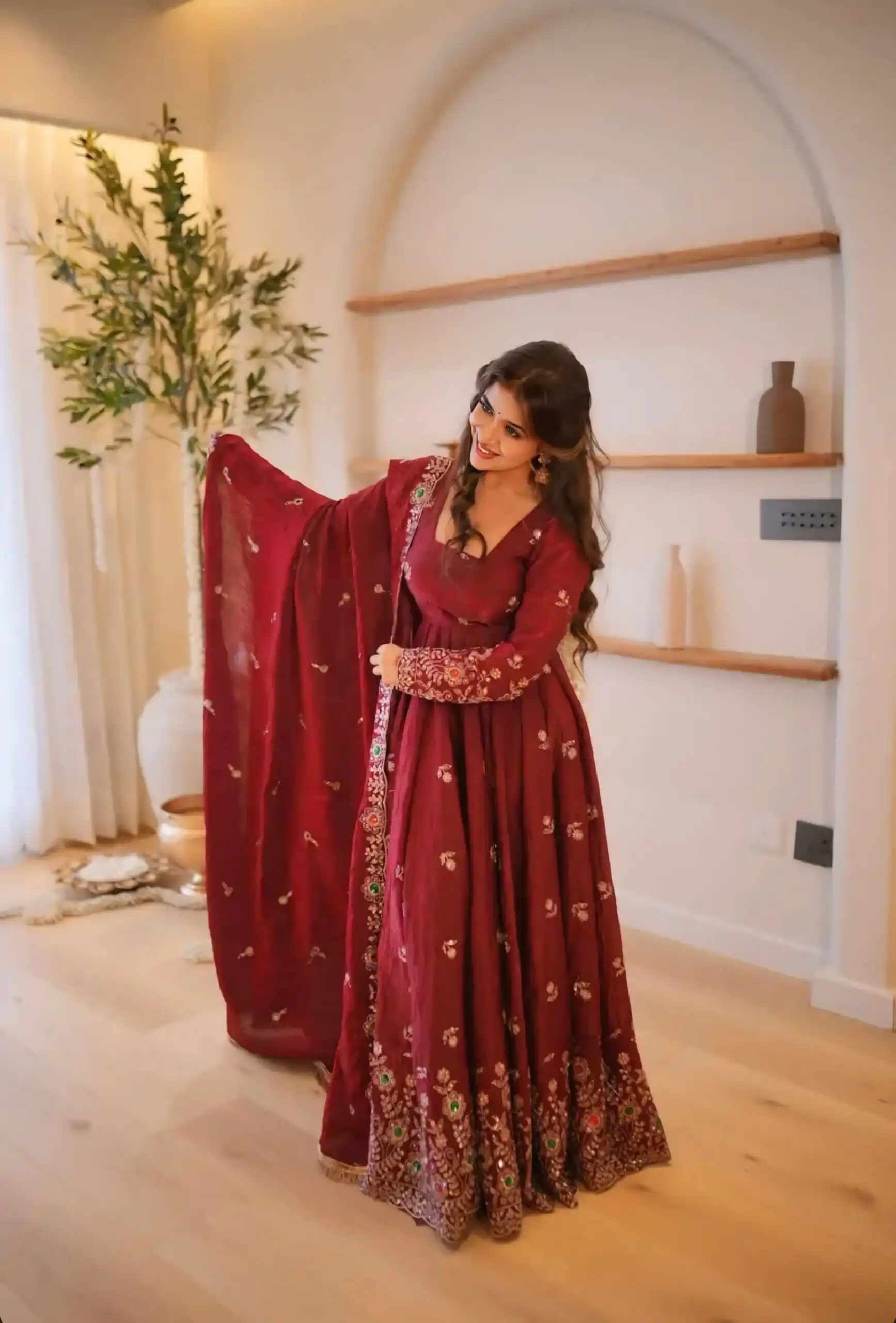 Super Maroon Doremon Crush Sequence Work Gown - Image 9