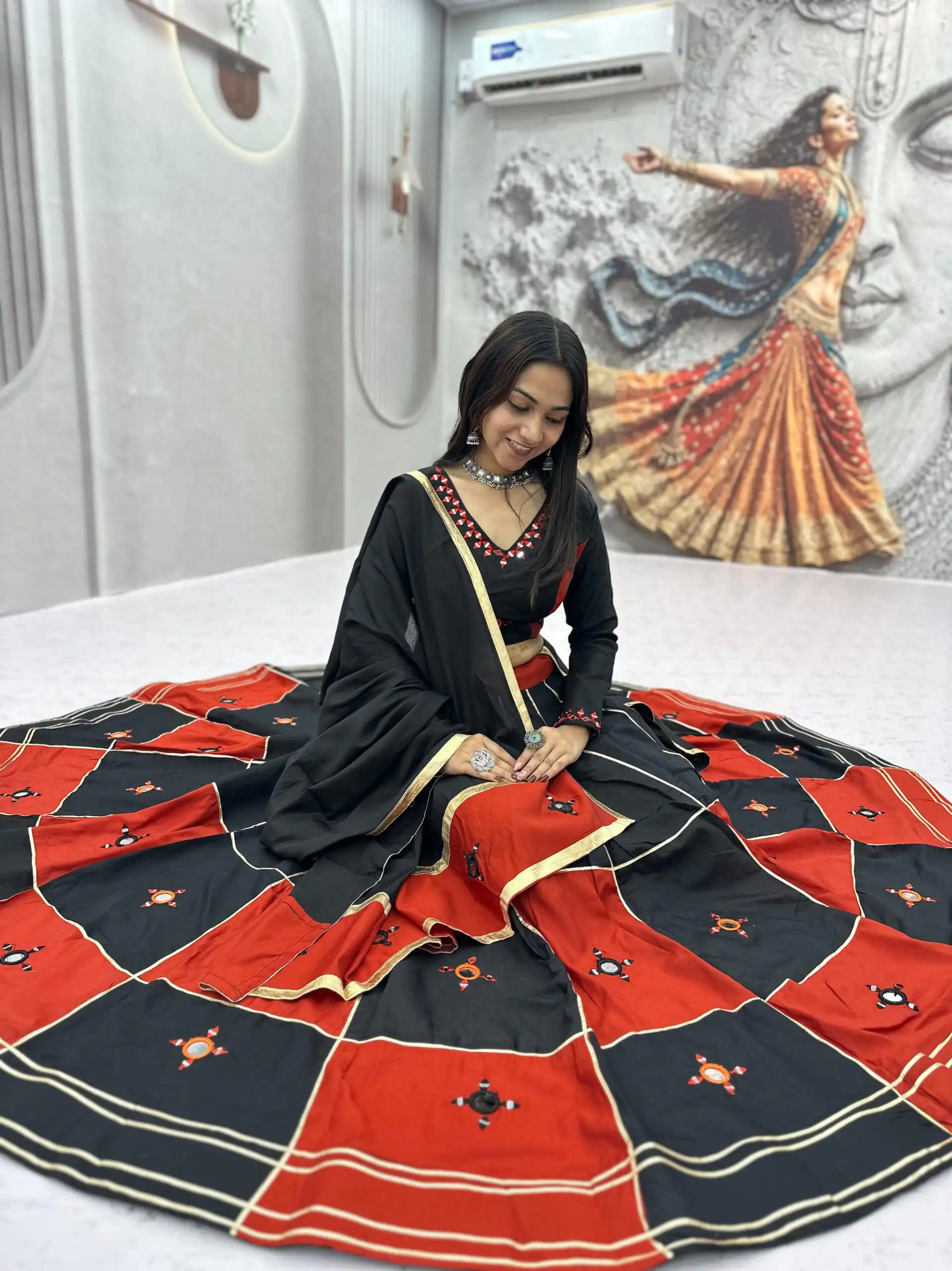 Super Orange Cotton Hand Mirror Work Lehenga Choli - Image 2