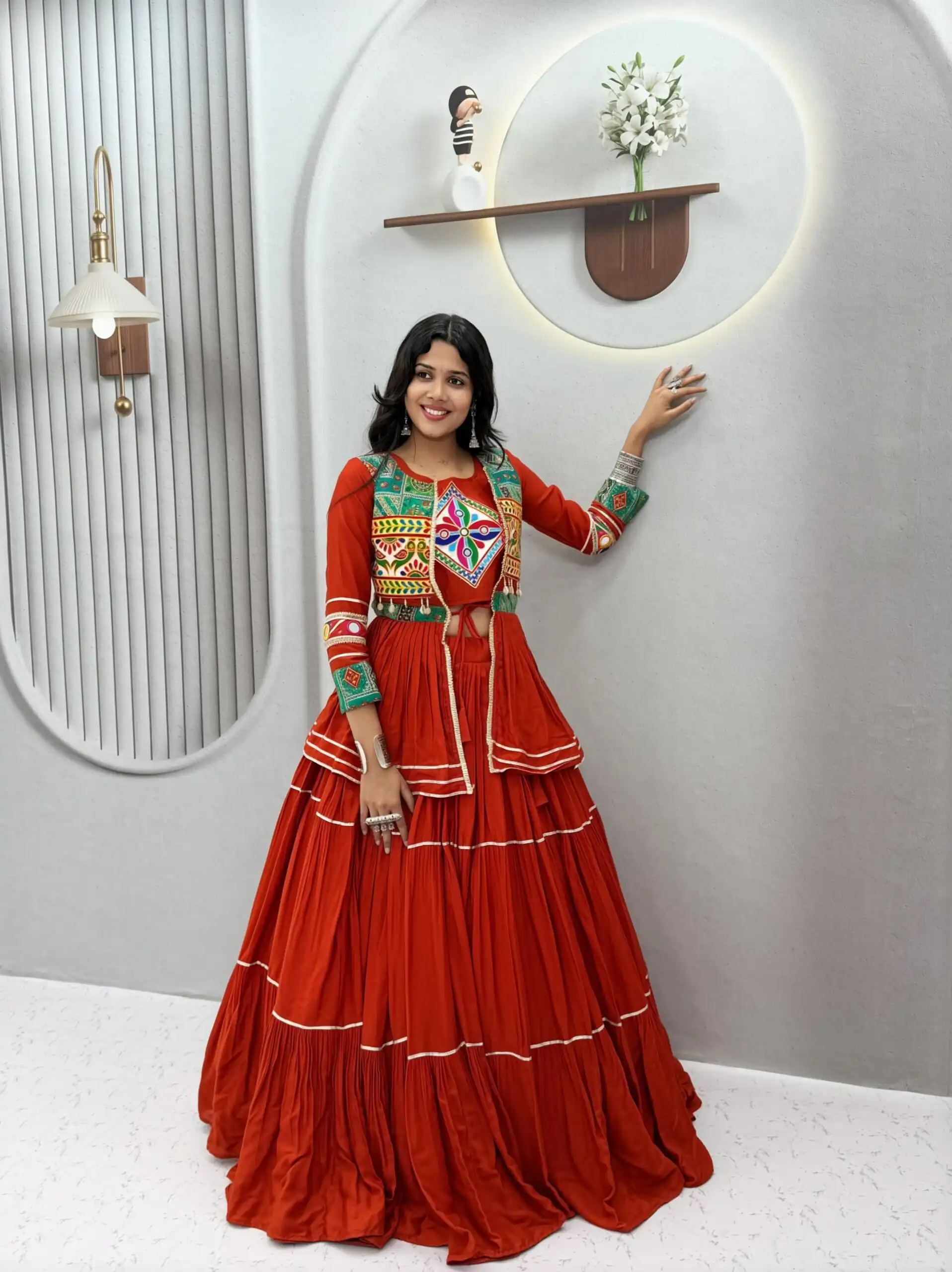 Super Orange Cotton Mirror Gamthi Work Lehenga Choli - Image 3