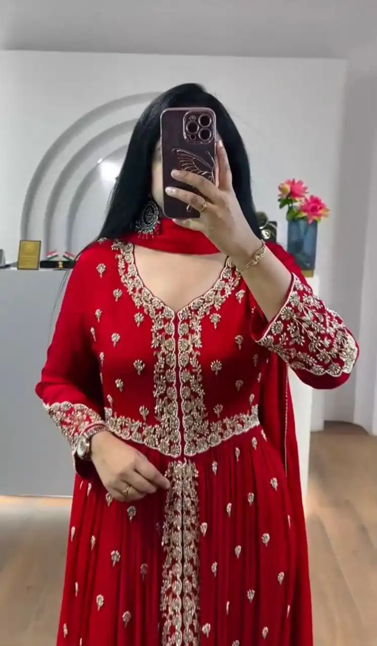Super Red Faux Georgette Sequence Work Gown - Image 3