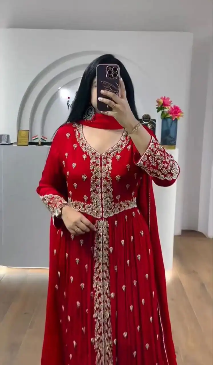 Super Red Faux Georgette Sequence Work Gown