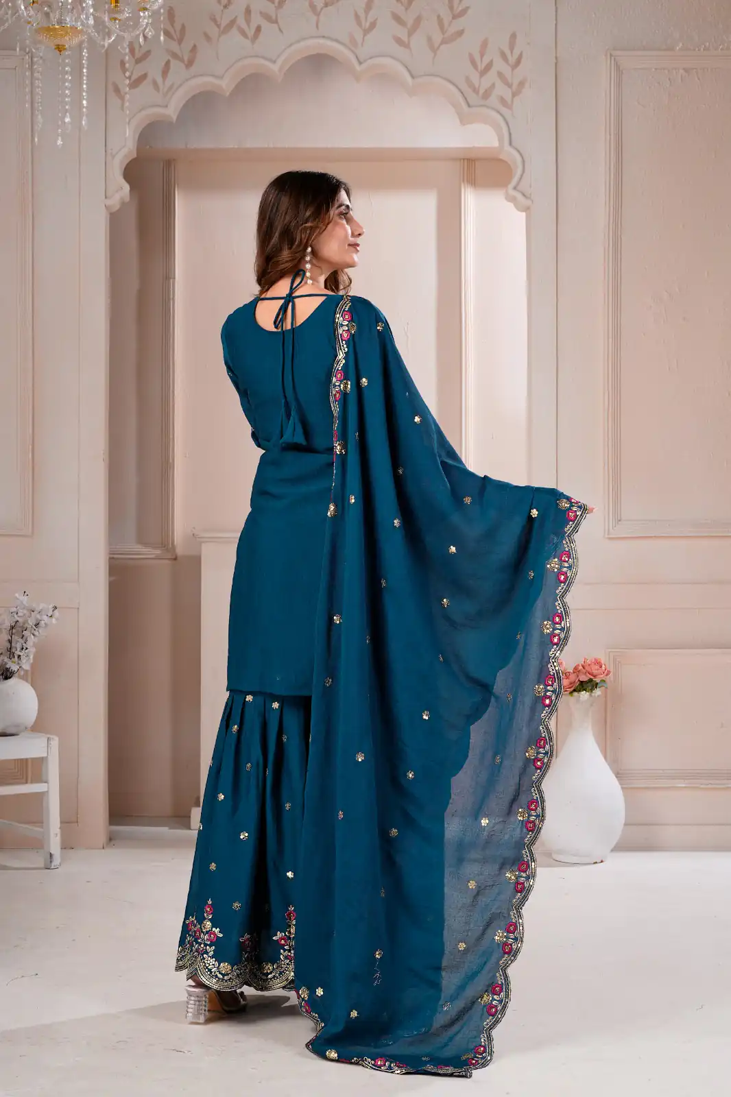 Super Teal Rangoli Crush Embroidery Work Salwar Suit - Image 5
