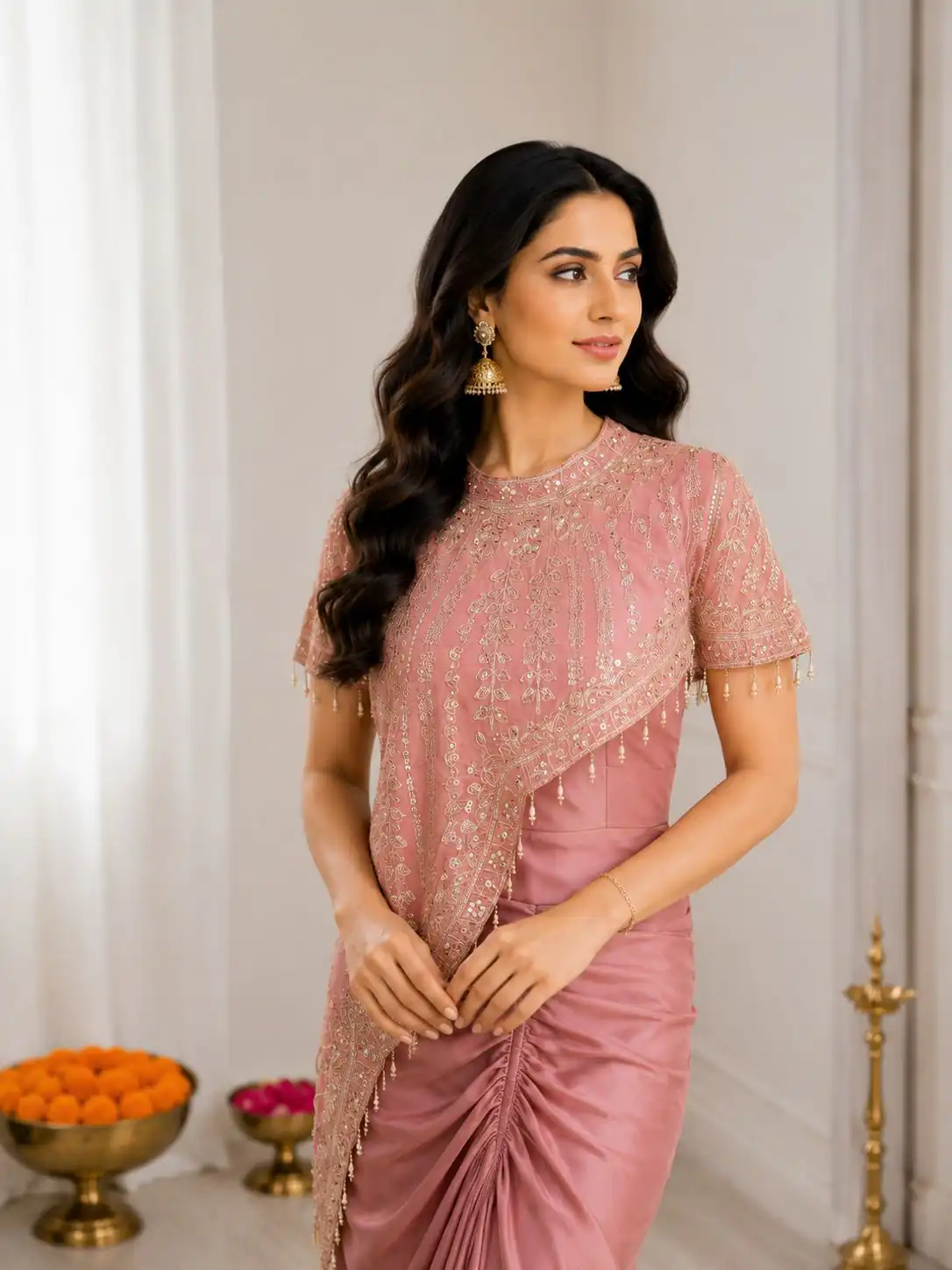 Trendy Peach Crepe Silk Embroidery Work Dhoti Suit - Image 2