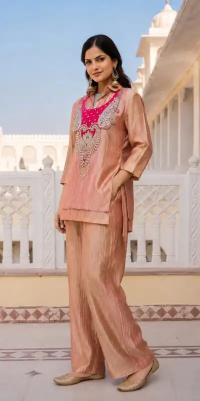 Alternative view of Trendy Rust Salsa Beads Work Kurti