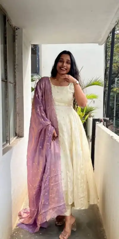 Alternative view of Trendy White Chinon Silk Sequins Work Lavender Dupatta Gown