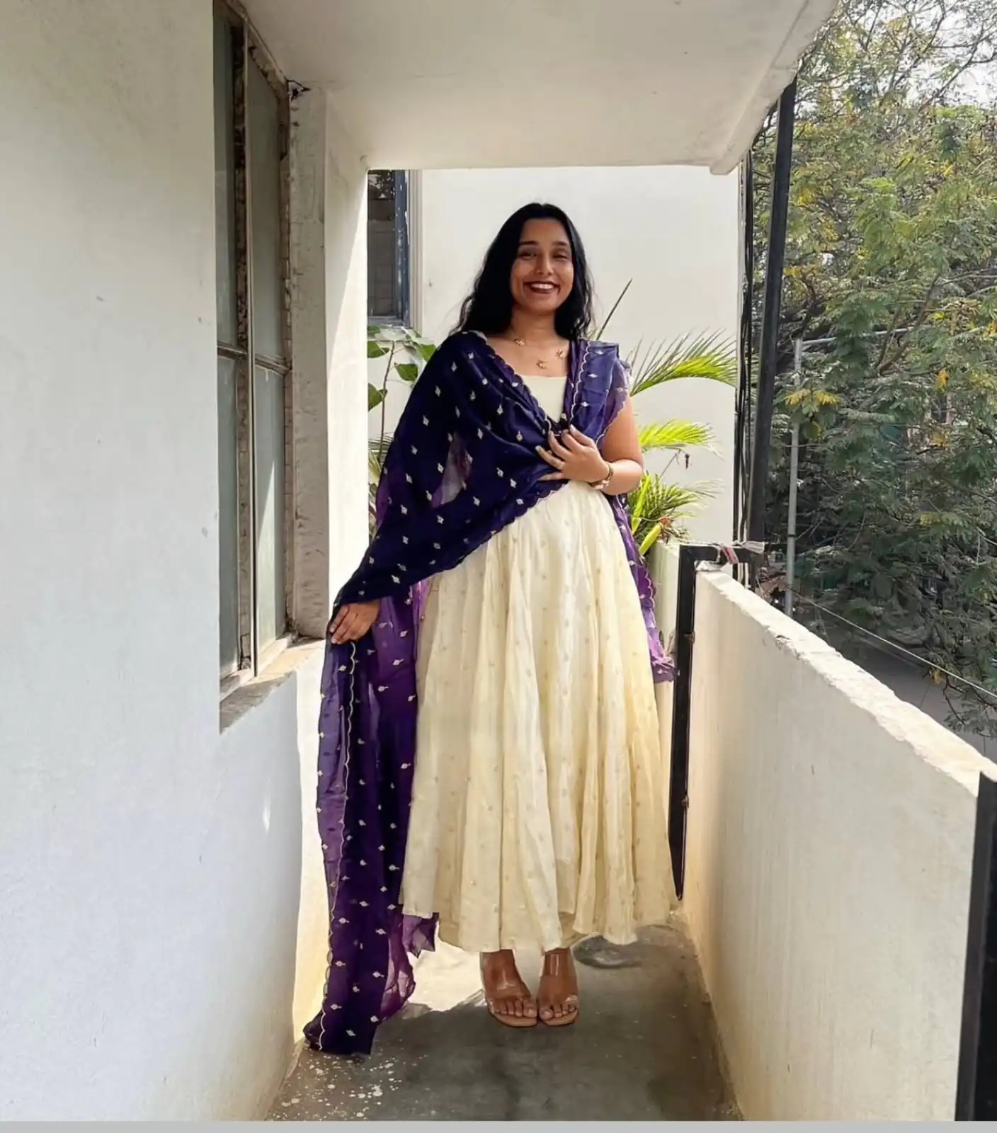 Trendy White Chinon Silk Sequins Work Purple Dupatta Gown