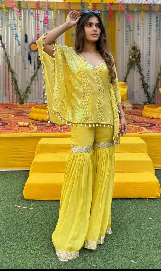 Unique Yellow Faux Georgette Sequins Work Kaftan Salwar Suit - Image 3
