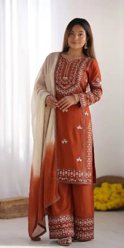 NSR 888 Rust Rayon Salwar Suit with Embroidery Work & Thread Embroidery. Best Price ₹2199. Delivery 4-6 Working Days. Shop now. | Casual Suits, Jump Suits, Creative suits, Designer Suits, Palazzo Suits, Party Wear Suits, Patiala Suits, Salwar suit, Straight Suits