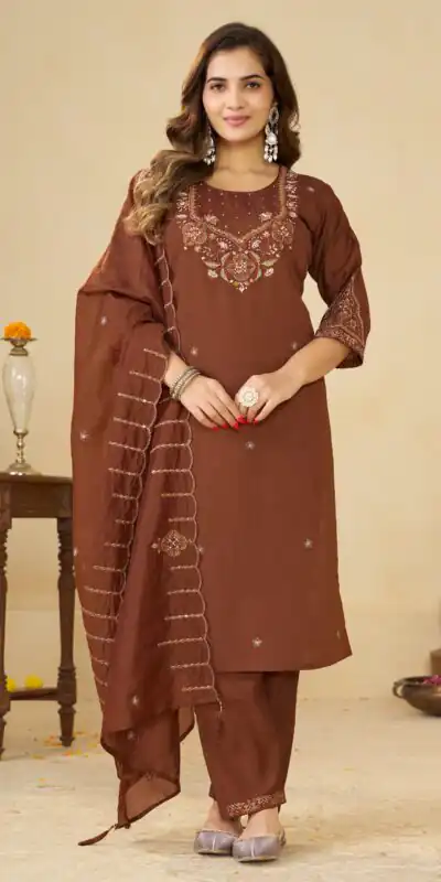 DIVA 194 Brown Thread Embroidery & Embroidery Work Salwar Suit in Brown Marina Silk. Now at just ₹2799. Delivery 4-6 Working Days. Shop now. | Casual Suits, Jump Suits, Creative suits, Designer Suits, Palazzo Suits, Party Wear Suits, Patiala Suits, Salwar suit, Straight Suits