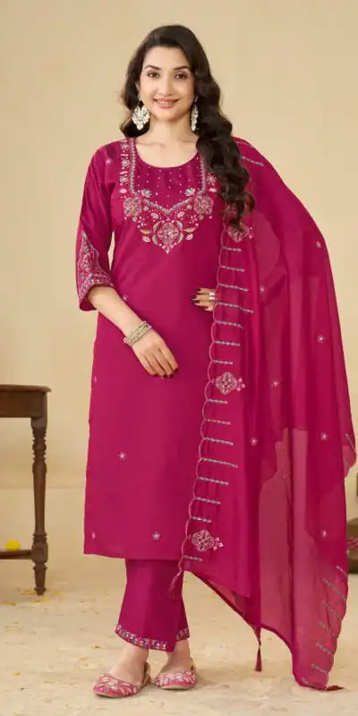 DIVA 194 Pink Thread Embroidery & Embroidery Work Salwar Suit in Brown Marina Silk. Now at just ₹2799. Delivery 4-6 Working Days. Shop now. | Casual Suits, Jump Suits, Creative suits, Designer Suits, Palazzo Suits, Party Wear Suits, Patiala Suits, Salwar suit, Straight Suits
