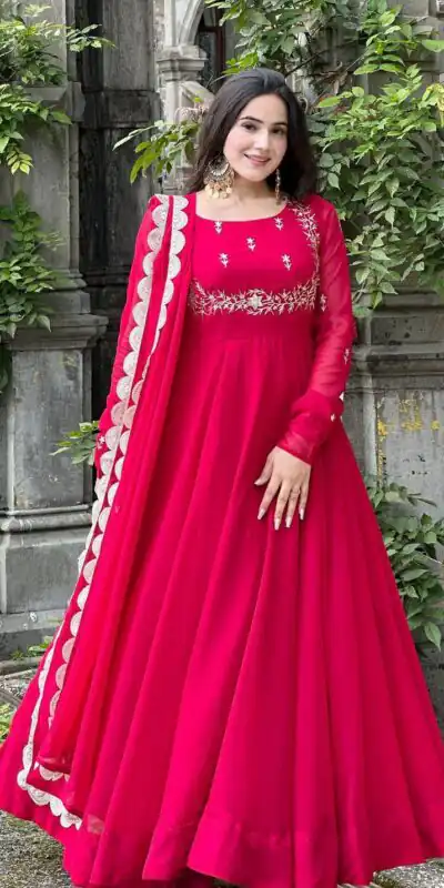 ZB 5078 Pink Faux Georgette Gown with Mirror Work & Embroidery Work. Get it for ₹2199. Delivery 4-6 Working Days. Online Shop now. | Bollywood Gowns, Creative Gowns, Designer Gowns, Embroidered Gowns, Gowns, Party Wear Gowns
