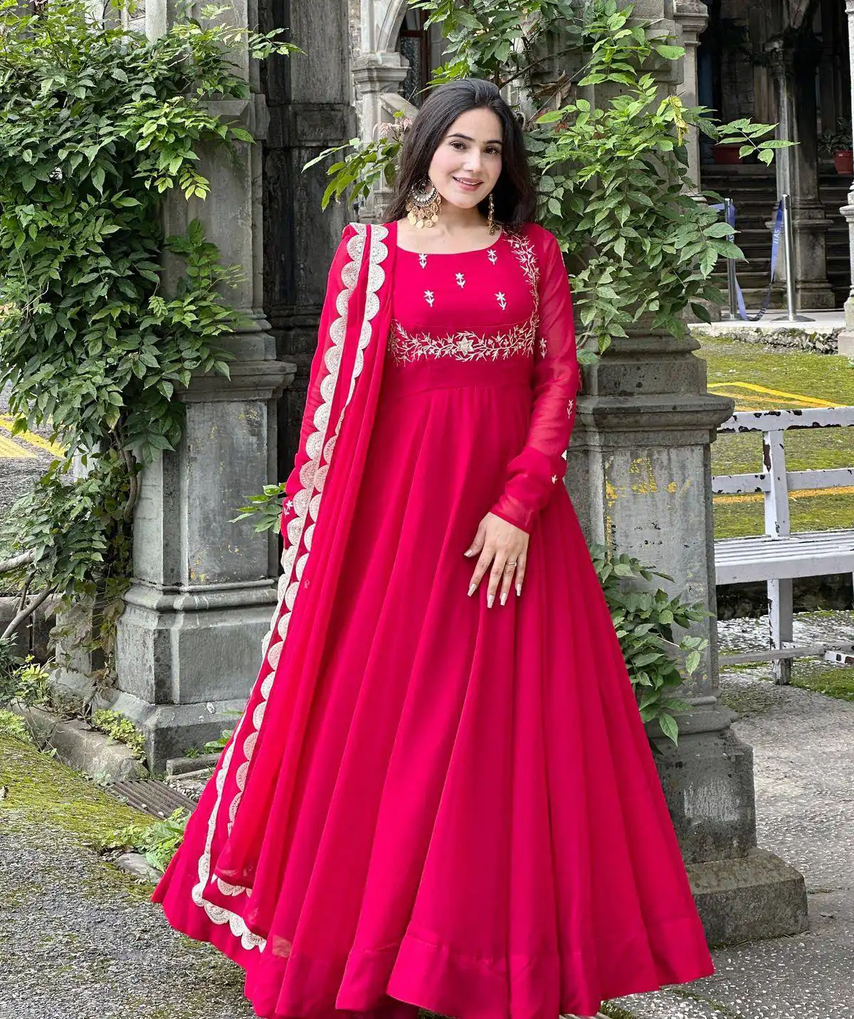 ZB 5078 Pink Faux Georgette Gown with Mirror Work & Embroidery Work. Get it for ₹2199. Delivery 4-6 Working Days. Online Shop now. | Bollywood Gowns, Creative Gowns, Designer Gowns, Embroidered Gowns, Gowns, Party Wear Gowns