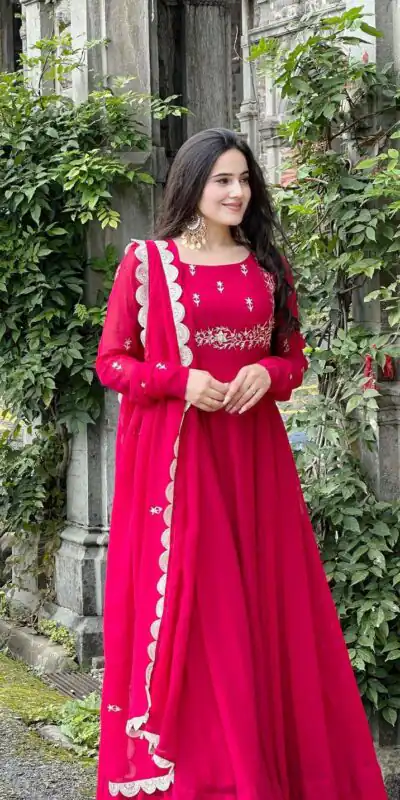 ZB 5078 Pink Faux Georgette Gown with Mirror Work & Embroidery Work. Get it for ₹2199. Delivery 4-6 Working Days. Online Shop now. | Bollywood Gowns, Creative Gowns, Designer Gowns, Embroidered Gowns, Gowns, Party Wear Gowns