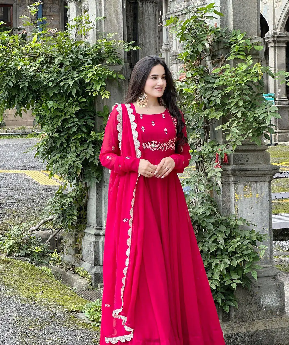 ZB 5078 Pink Faux Georgette Gown with Mirror Work & Embroidery Work. Get it for ₹2199. Delivery 4-6 Working Days. Online Shop now. | Bollywood Gowns, Creative Gowns, Designer Gowns, Embroidered Gowns, Gowns, Party Wear Gowns