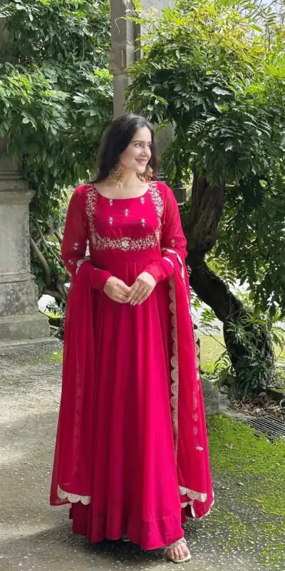 ZB 5078 Pink Faux Georgette Gown with Mirror Work & Embroidery Work. Get it for ₹2199. Delivery 4-6 Working Days. Online Shop now. | Bollywood Gowns, Creative Gowns, Designer Gowns, Embroidered Gowns, Gowns, Party Wear Gowns