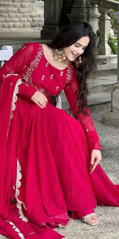 ZB 5078 Pink Faux Georgette Gown with Mirror Work & Embroidery Work. Get it for ₹2199. Delivery 4-6 Working Days. Online Shop now. | Bollywood Gowns, Creative Gowns, Designer Gowns, Embroidered Gowns, Gowns, Party Wear Gowns