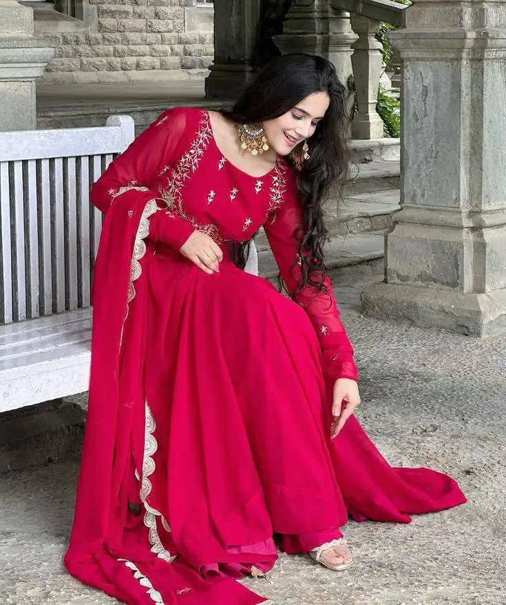 ZB 5078 Pink Faux Georgette Gown with Mirror Work & Embroidery Work. Get it for ₹2199. Delivery 4-6 Working Days. Online Shop now. | Bollywood Gowns, Creative Gowns, Designer Gowns, Embroidered Gowns, Gowns, Party Wear Gowns