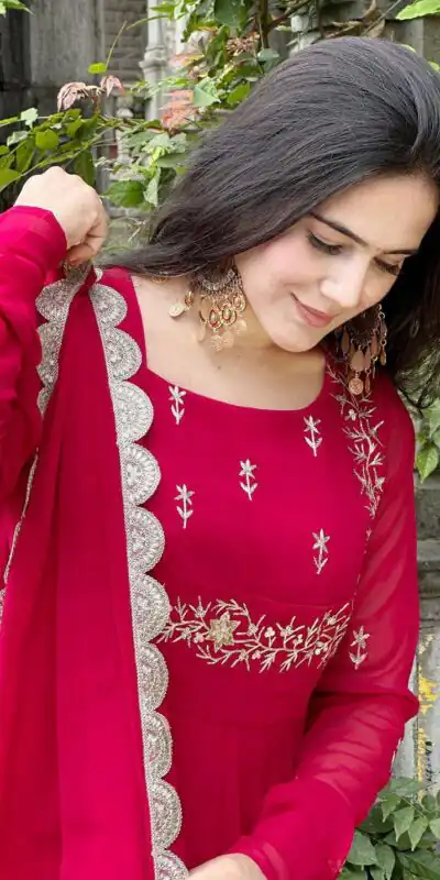 ZB 5078 Pink Faux Georgette Gown with Mirror Work & Embroidery Work. Get it for ₹2199. Delivery 4-6 Working Days. Online Shop now. | Bollywood Gowns, Creative Gowns, Designer Gowns, Embroidered Gowns, Gowns, Party Wear Gowns