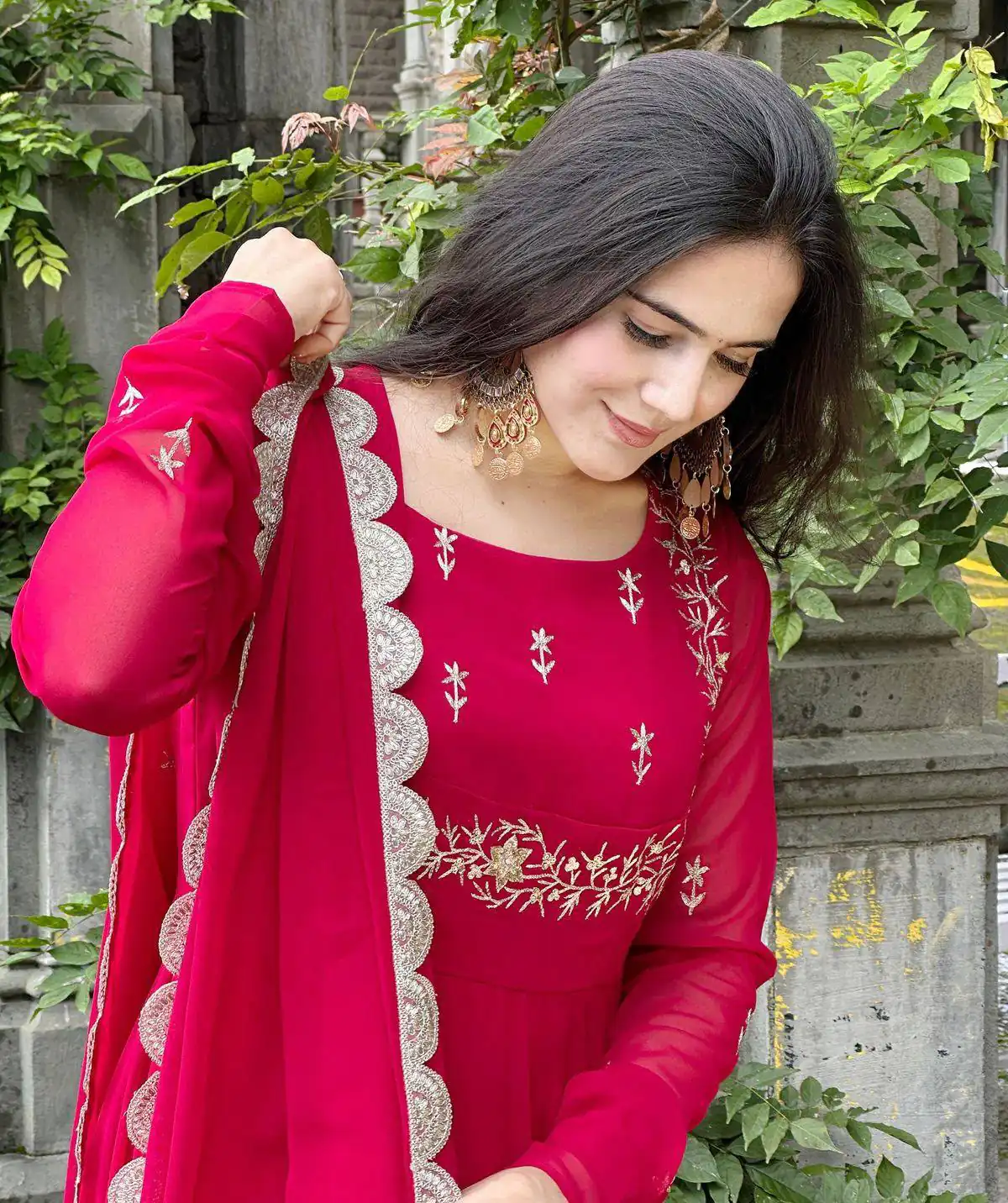 ZB 5078 Pink Faux Georgette Gown with Mirror Work & Embroidery Work. Get it for ₹2199. Delivery 4-6 Working Days. Online Shop now. | Bollywood Gowns, Creative Gowns, Designer Gowns, Embroidered Gowns, Gowns, Party Wear Gowns