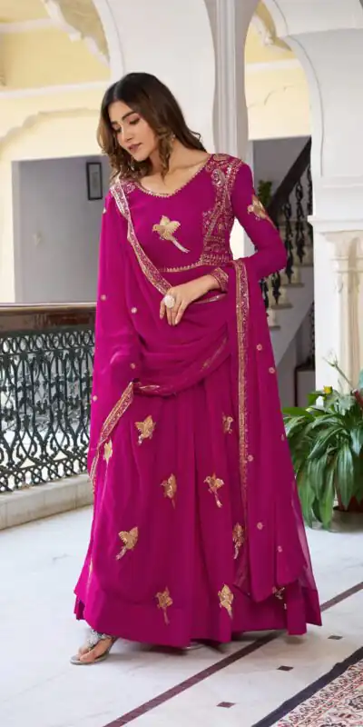 SP 30 Pink Faux Georgette Gown with Mirror Work & Embroidery Work. Get it for ₹1799. Delivery 4-6 Working Days. Online Shop now. | Bollywood Gowns, Creative Gowns, Designer Gowns, Embroidered Gowns, Gowns, Party Wear Gowns