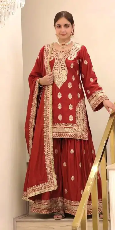 AD 236 Red Color Chinon Silk Salwar Suit with Embroidery Work. Online Get it for ₹2349. Delivery 4-6 Working Days. Shop now. | Casual Suits, Jump Suits, Creative suits, Designer Suits, Palazzo Suits, Party Wear Suits, Patiala Suits, Salwar suit, Straight Suits