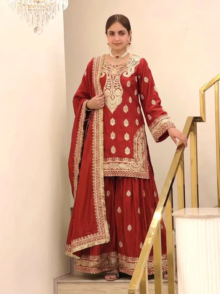 AD 236 Red Color Chinon Silk Salwar Suit with Embroidery Work. Online Get it for ₹2349. Delivery 4-6 Working Days. Shop now. | Casual Suits, Jump Suits, Creative suits, Designer Suits, Palazzo Suits, Party Wear Suits, Patiala Suits, Salwar suit, Straight Suits