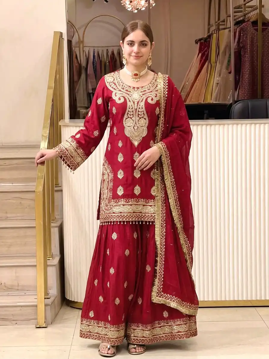 AD 236 Red Color Chinon Silk Salwar Suit with Embroidery Work. Online Get it for ₹2349. Delivery 4-6 Working Days. Shop now. | Casual Suits, Jump Suits, Creative suits, Designer Suits, Palazzo Suits, Party Wear Suits, Patiala Suits, Salwar suit, Straight Suits