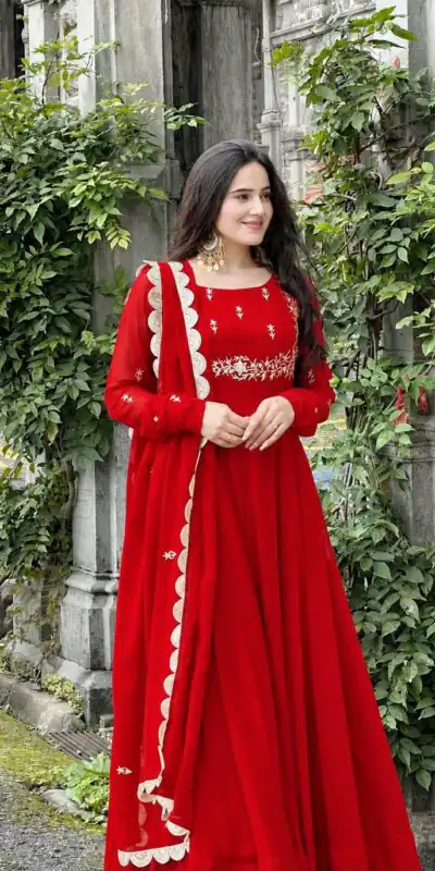 ZB 5078 Red Faux Georgette Gown with Mirror Work & Embroidery Work. Get it for ₹2199. Delivery 4-6 Working Days. Online Shop now. | Bollywood Gowns, Creative Gowns, Designer Gowns, Embroidered Gowns, Gowns, Party Wear Gowns