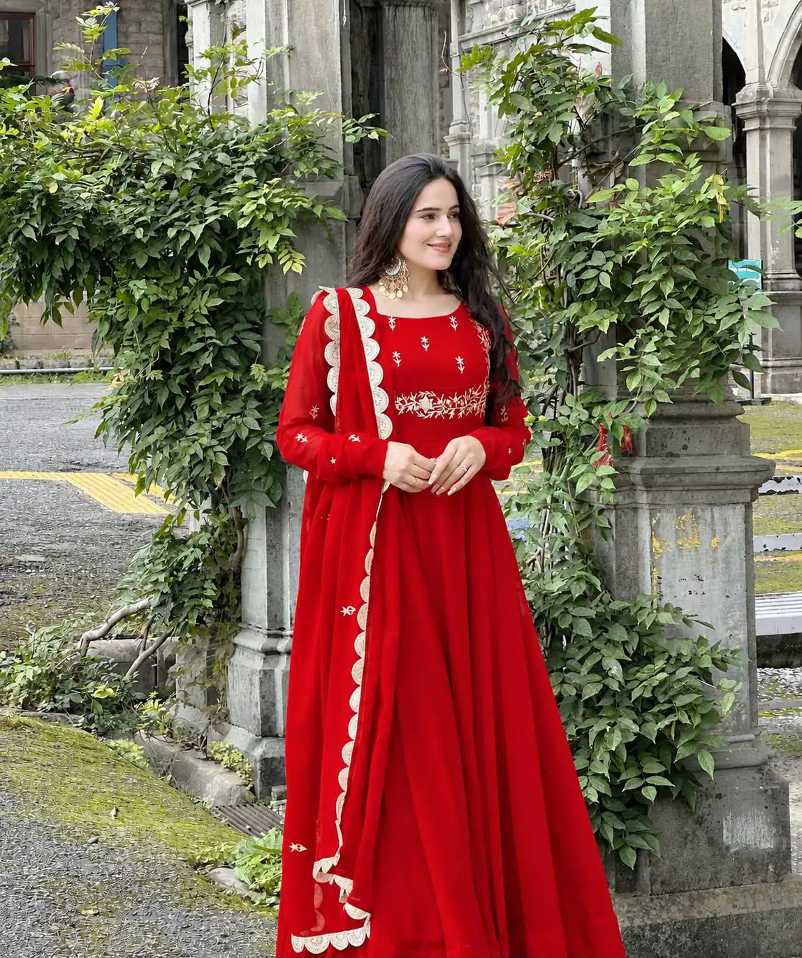 ZB 5078 Red Faux Georgette Gown with Mirror Work & Embroidery Work. Get it for ₹2199. Delivery 4-6 Working Days. Online Shop now. | Bollywood Gowns, Creative Gowns, Designer Gowns, Embroidered Gowns, Gowns, Party Wear Gowns