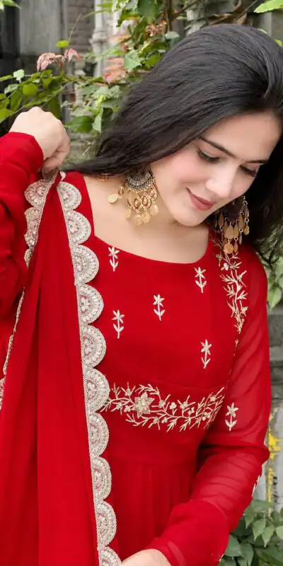 ZB 5078 Red Faux Georgette Gown with Mirror Work & Embroidery Work. Get it for ₹2199. Delivery 4-6 Working Days. Online Shop now. | Bollywood Gowns, Creative Gowns, Designer Gowns, Embroidered Gowns, Gowns, Party Wear Gowns