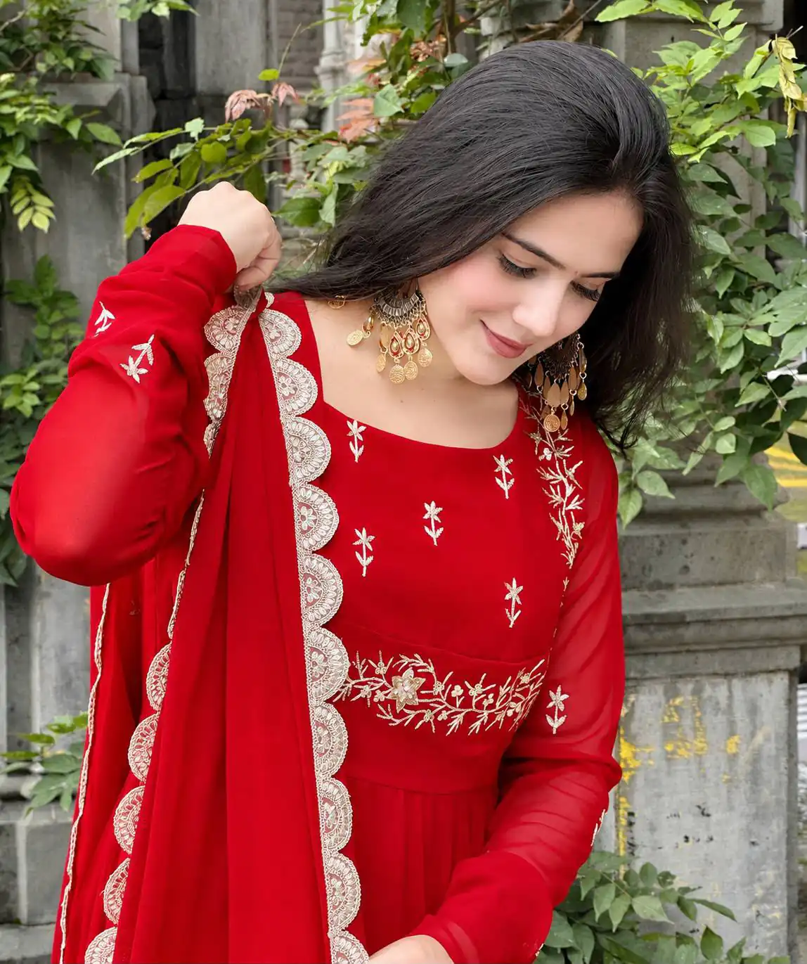 ZB 5078 Red Faux Georgette Gown with Mirror Work & Embroidery Work. Get it for ₹2199. Delivery 4-6 Working Days. Online Shop now. | Bollywood Gowns, Creative Gowns, Designer Gowns, Embroidered Gowns, Gowns, Party Wear Gowns