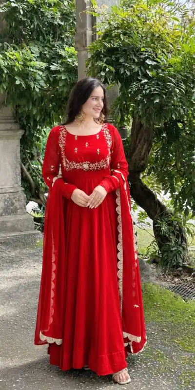 ZB 5078 Red Faux Georgette Gown with Mirror Work & Embroidery Work. Get it for ₹2199. Delivery 4-6 Working Days. Online Shop now. | Bollywood Gowns, Creative Gowns, Designer Gowns, Embroidered Gowns, Gowns, Party Wear Gowns
