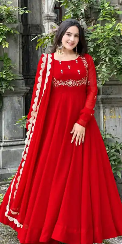 ZB 5078 Red Faux Georgette Gown with Mirror Work & Embroidery Work. Get it for ₹2199. Delivery 4-6 Working Days. Online Shop now. | Bollywood Gowns, Creative Gowns, Designer Gowns, Embroidered Gowns, Gowns, Party Wear Gowns