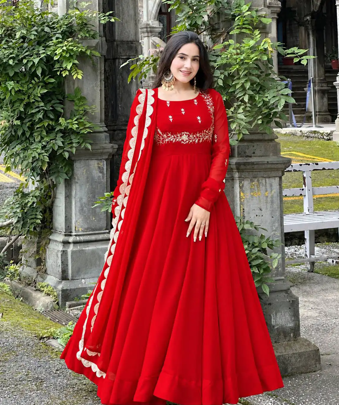 ZB 5078 Red Faux Georgette Gown with Mirror Work & Embroidery Work. Get it for ₹2199. Delivery 4-6 Working Days. Online Shop now. | Bollywood Gowns, Creative Gowns, Designer Gowns, Embroidered Gowns, Gowns, Party Wear Gowns