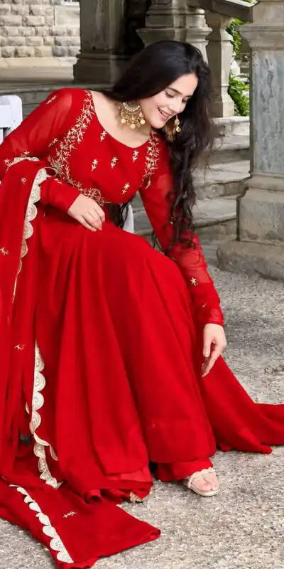 ZB 5078 Red Faux Georgette Gown with Mirror Work & Embroidery Work. Get it for ₹2199. Delivery 4-6 Working Days. Online Shop now. | Bollywood Gowns, Creative Gowns, Designer Gowns, Embroidered Gowns, Gowns, Party Wear Gowns