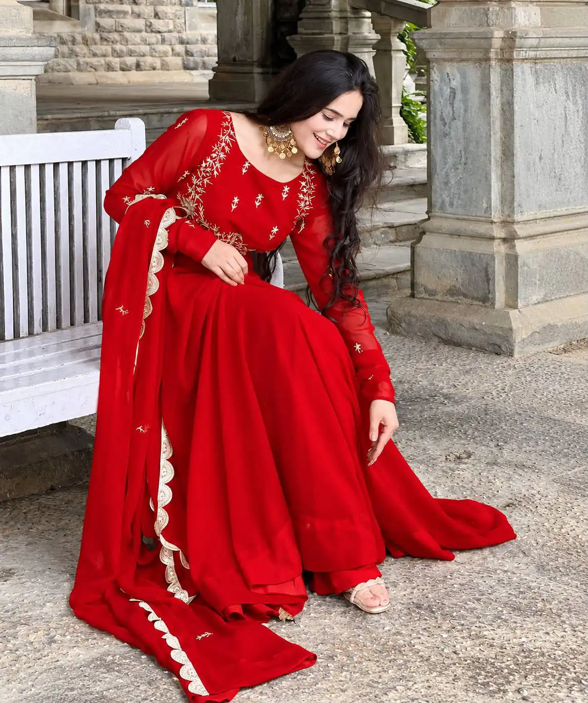 ZB 5078 Red Faux Georgette Gown with Mirror Work & Embroidery Work. Get it for ₹2199. Delivery 4-6 Working Days. Online Shop now. | Bollywood Gowns, Creative Gowns, Designer Gowns, Embroidered Gowns, Gowns, Party Wear Gowns