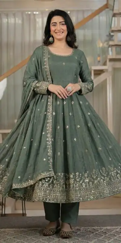 ND 5065 Grey Embroidery Work & Sequins Work Salwar Suit in Peach Crunchy Silk. Festive Deal ₹2449. Delivery 4-6 Working Days. Shop now. | Anarkali Suits, Bollywood Anarkali, Creative-Anarkali, Designer Anarkali, Embroidered Anarkali, Party Wear Anarkali