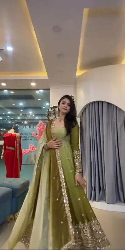 SR 1725 Mehendi Faux Georgette Gown with Mirror Work & Embroidery Work. Get it for ₹2449. Delivery 4-6 Working Days. Online Shop now. | Bollywood Gowns, Creative Gowns, Designer Gowns, Embroidered Gowns, Gowns, Party Wear Gowns