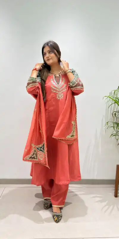BE 509 Peach Mul Chanderi Salwar Suit with Embroidery Work & Sequins Work. Festive Deal ₹2399. Delivery 4-6 Working Days. Shop nowp | Casual Suits, Jump Suits, Creative suits, Designer Suits, Palazzo Suits, Party Wear Suits, Patiala Suits, Salwar suit, Straight Suits