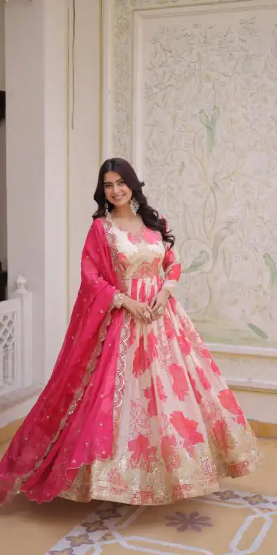 KA 1242 Pink in Russian Silk Embroidery Work & Zari Work Gown . Exclusive Offer ₹2849. Delivery 4-6 Working Days. Shop now. | Bollywood Gowns, Creative Gowns, Designer Gowns, Embroidered Gowns, Gowns, Party Wear Gowns