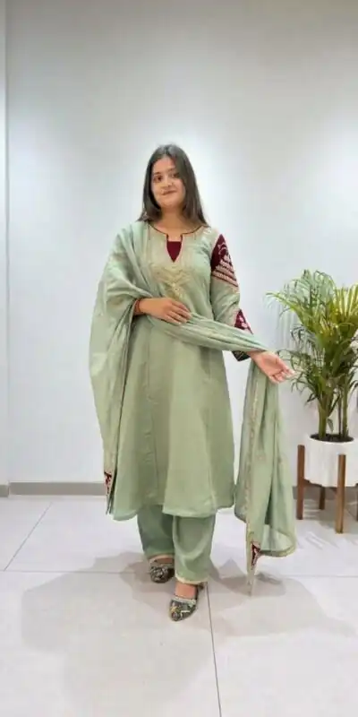 BE 509 Pista Mul Chanderi Salwar Suit with Embroidery Work & Sequins Work. Festive Deal ₹2399. Delivery 4-6 Working Days. Shop nowp | Casual Suits, Jump Suits, Creative suits, Designer Suits, Palazzo Suits, Party Wear Suits, Patiala Suits, Salwar suit, Straight Suits